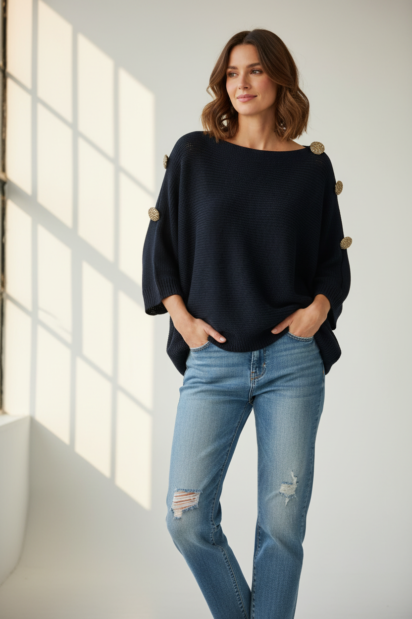 Pull Fin Avec Bouton Sur Côte