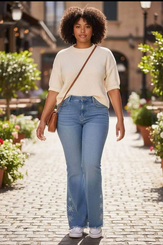 Jeans Bleu Flare Bas Effiloché